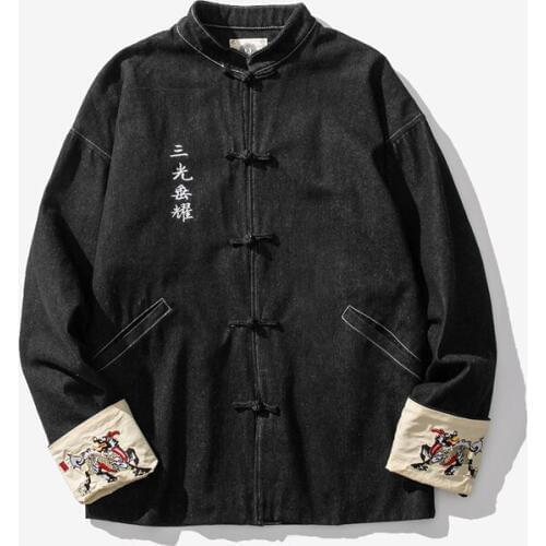 Men Fall Fashion Chinese Pattern Embroidery Denim Jacket Streetwear Hip Hop Casual Jeans Coat Overcoat Mens Jacket