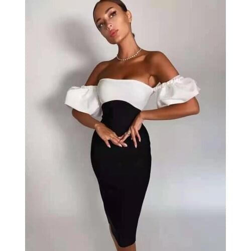 High Street White Black Patchwork Sexy Off Shoulder Puff Sleeve Knee Length Bandage Dress Celebrity Fashion Evening Party Dress
