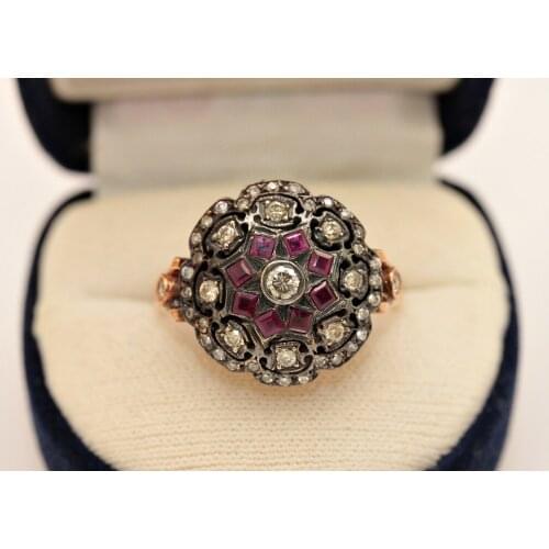 PERFECT 8K GOLD ART DECO STYLE MY DESIGN NATURAL DIAMOND AND CALIBER RUBY RING