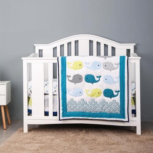 3pcs Whale Cotton Newborn Crib Bedding Set for Girl Boy Infant Room Bedclothes I Fitted Sheet, Crib Quilt, Dust Ruffle