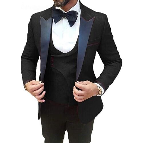 Trajes De Hombre Coat Pants Suits For Men 2020 Black Floral Peaked Lapel Formal Dress Tuxedo Groom Wedding Suits For Men