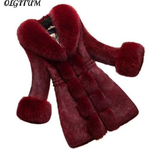 Hot New Fake Fur coat 2019 Women Winter Overcoat Female Fake Fox Collar Outerwear Fashion Faux Rabbit Fur Coat Plus size S-5XL