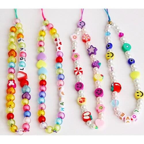MIIQNUS Ins Trendy Colorful Smiling Beads Chain Mobile Phone Chain Anti-lost Handmade Acrylic Cord Lanyard for Women Girls