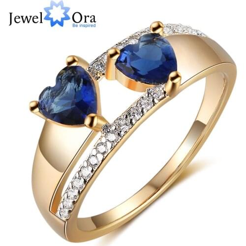 Fashion Copper Gold color Rings with Double Blue Heart Cubic Zirconia Classic Style Heart Rings for Women