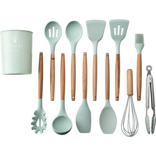 Silicone Cooking Utensils Set Non-stick Cookware The Wooden Handle Easy To Clean Egg Beaters Shovel Spoon Soup Kitchen Utensils