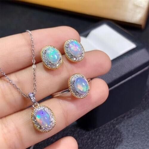 Natural Opal Gemstone Flower Earrings Ring and Necklace 3 Pcs Suits for Women Real 925 Sterling Silver Fine Jewelry Set