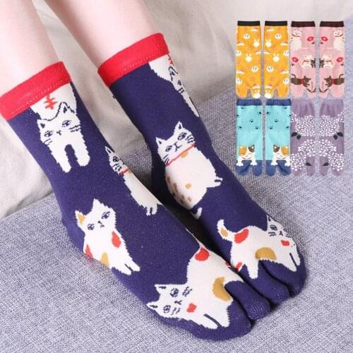 Two Toe Socks Women Split Toe Cotton Socks Middle Tube Autumn Kawaii Cartoon Ankle Socks