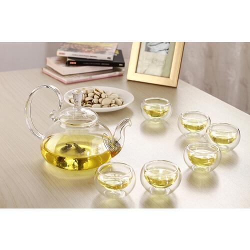 7pcs/set New heat resistant glass teapot+6 double layer tea cups for Coffee & Tea Sets hot selling JO 1055