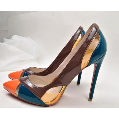 Sexy Summer Women Multi Patent Leather PVC Patchwork Stiletto heels Pumps Celebrity Ladies Slip on Pointed toe Single High heel