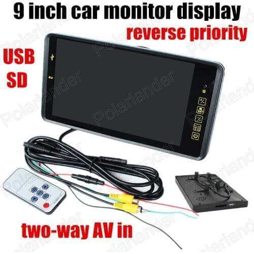 With 2 Video Input backup reverse camera free shipping USB SD 9 Inch color TFT LCD Car Monitor display reverse priority