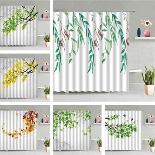 Tree Leaf Flower Shower Curtain Green Plant Twig Maple Leaves Waterproof Bathroom Wall Hanging Curtains Set Screen Home Decor