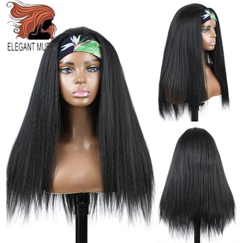ELEGANT MUSES Afro Yaki Straight Wig 22 inch Long Black Ombres Brown Synthetic Hair fashion Wigs Puff Yaki Wig for African Women