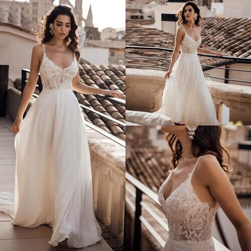 V Neck Wedding Dress White Ivory Sexy High Splits Beaded Beading Pearls Crystal A Line Backless Bridal Gown Vestido De Noiva