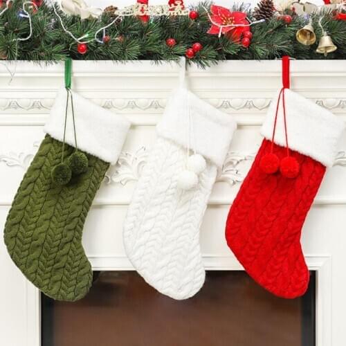 Knitted Christmas Stocking With Plush Ball Christmas Gift Bag New Year Socks Xmas Tree Hanging Ornaments Home Decoration