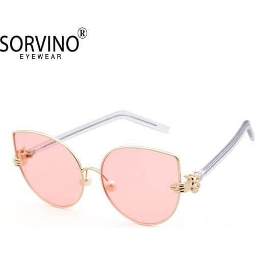 High Quality Fashion Cat Eye Sunglasses 2021 New Colorful Ocean Film Pearl Nose Pads Ladies Trendy Pink Lenses Sun Glasses Y25
