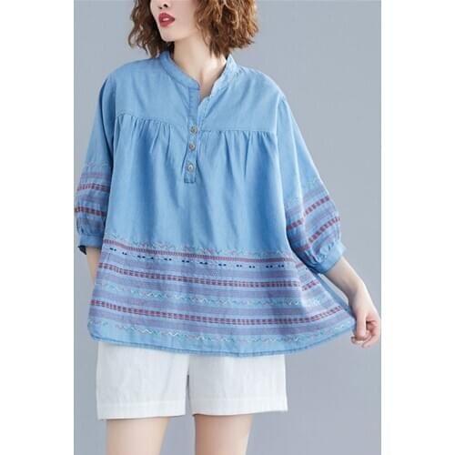 Oversized Women Denim Casual Shirts New Arrival 2021 Summer Simple Style Vintage Embroidery Loose Female Jean Tops S3383