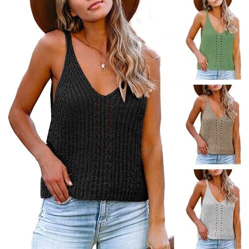 Women V Neck Ribbed Knit Tank Tops Solid Color Cami Shirts Summer Strappy Sleeveless Sweaters Hollow Out Loose Fit Pullover Tops