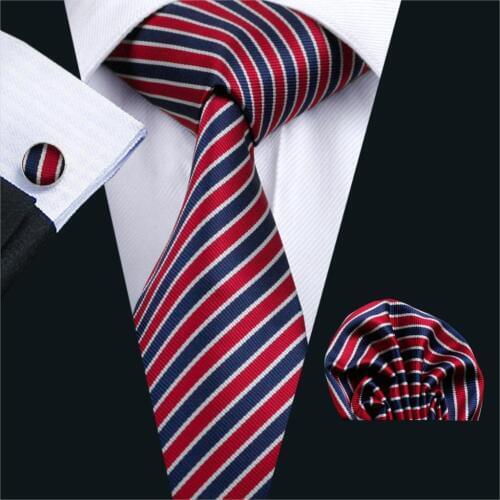 FA-512 Gents Necktie Red Stripe 100% Silk Jacquard Tie Hanky Cufflinks Set Business Wedding Party Ties For Men Free Shipping