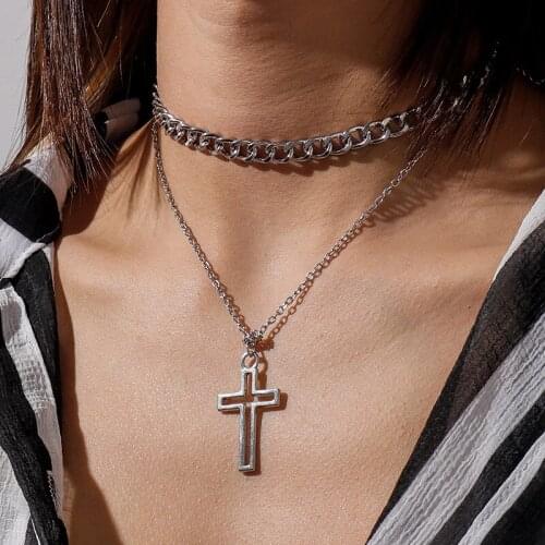 Gold Silver Color Double Layer Chain Female Chokers Necklace Fashion Simple Hollow Cross Pendant Necklace For Women Jewelry Gift