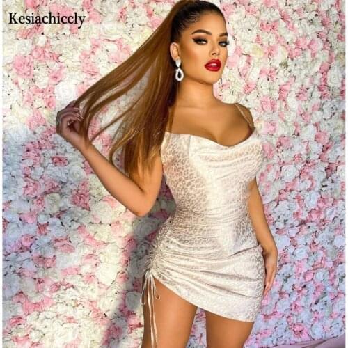 Kesiachiccly Leopard Print V-Neck Dress Women Summer Holiday Beach Drawstring Dress Office Elegant Ladies Backless Mini Dress