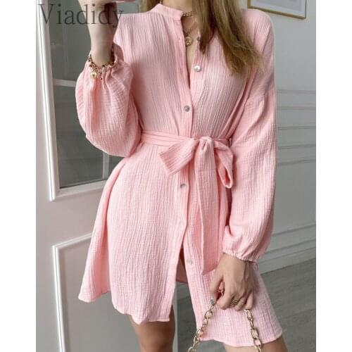 Women Buttoned Tied Detail Lantern Sleeve Casual Dress