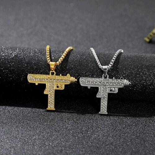 Gold Necklace Uzi Gun Pendant Necklace Men Alloy Full Crystal Bling Submachine Chain Hip Hop Cyclist Accessories Male Necklaces