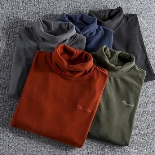 2020 Winter New Simple Embroidery Turtleneck Bottoming T-Shirt Thickened Double-sided Velvet Long Sleeve Mens T-shirt