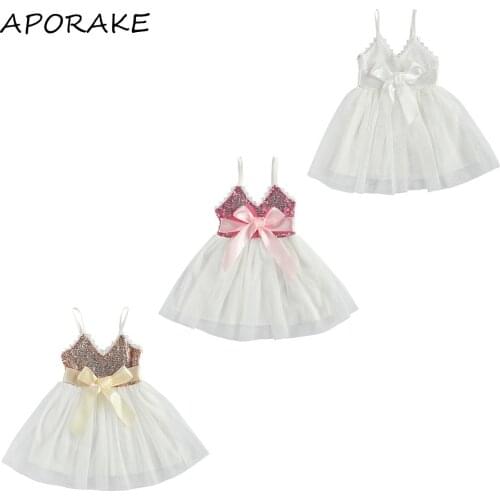 2021 0-6Y Toddler Girls Princess Party Tulle Dress Summer Glitter Sequin Big Bow Sleeveless Strap V Neck Formal Tutu Dress