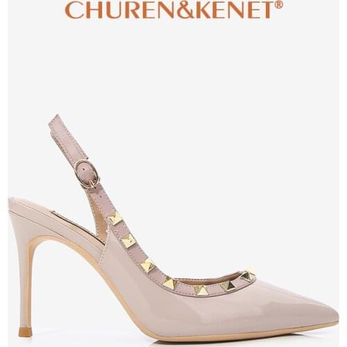 2021 Luxury Brand Rivets Women Sandals Patent Leather High Heels Nude Party Shoes Pointed Toe Stilettos Studded Heels Shoes