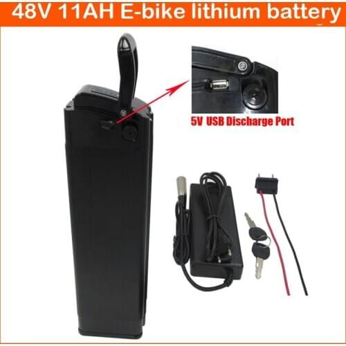 48V 500W Lithium Silver Fish Battery Pack 48V 11AH Ebike Batterie with 5V USB Port 54.6V 2A charger and 15A BMS bottom discharge