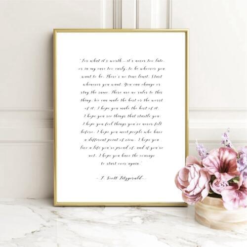 F. Scott Fitzgerald Quote Print For what its worth Inspirational Poster Wall Art Picture Canvas Painting Home Room Wall Decor