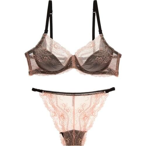 French Ultra-Thin Transparent Underwear Set Women Lace Embroidery Push Up Bra And Panties Set Female Sexy Lingerie Plus Size C D