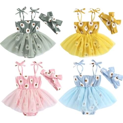 Baby Girls Romper Headband Summer Outfits 2pcs Sunflowers Printed Strap Belt Lace Tutu Jumpsuits Dress