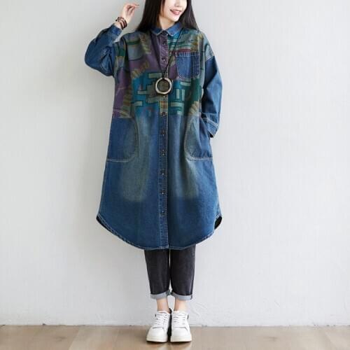 Printed Loose Denim Jacket Women Plus Size Autumn Cute cowboy Outerwear Oversized Boyfriend Style Hip hop Streetwear Long Jacket