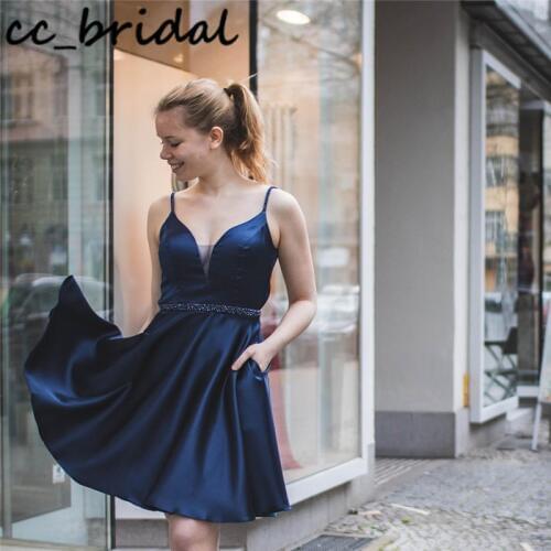 Cute Navy Blue Short Cocktail Dresses for Women 2020 Sexy Backless Prom Party Gowns With Beading vestido coctel mujer elegant