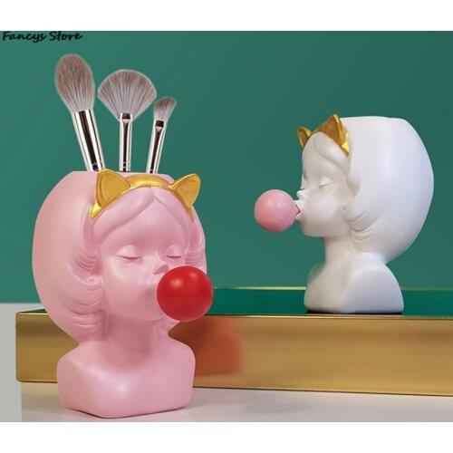 Desktop Cute Girl Succulent Flower Pot Makeup Brush Storage Bucket Pen Holder Decorative Ornaments Photo Props Resin Art Vase