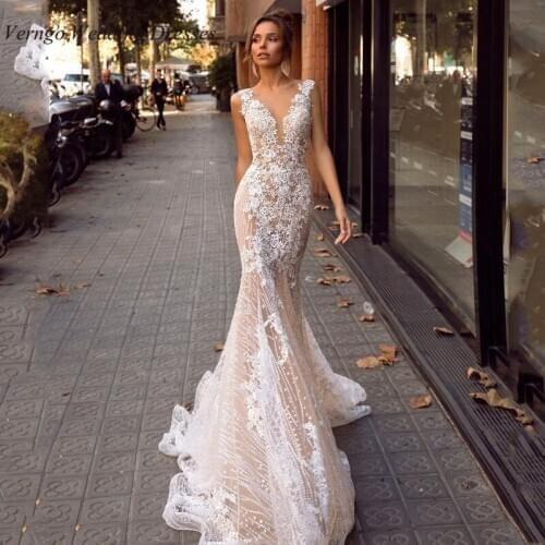Verngo Champagne Mermaid Wedding Dress Lace Floral Bride Dress 2020 Sexy V-Neck Backless Bridal Gowns Elegant Vestido de noiva