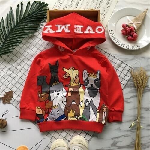 Tonytaobaby Spring New Boys and Girls Dog Printed Embroidered Red Kids Hoodie