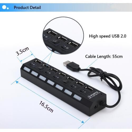 55cm/ 22in USB Hub 2.0 USB Independent Switch HUB for PC Computer Accessories Indicator Ultra Slim Splitter Hub with USB Cable