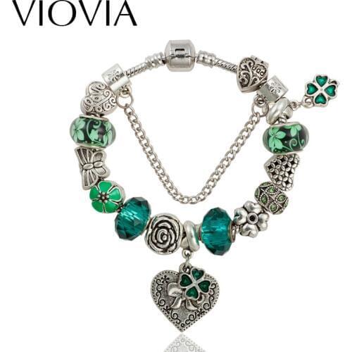 VIOVIA New European Charms Jewelry Wholesale Fit Bracelet High Quality Green Flower Rhinestone Bracelet For Women B15253