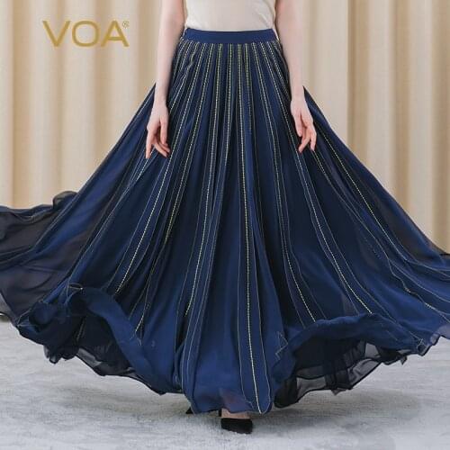 VOA Silk 100% New 2021 Spr Vintage Gothic Pleated Skirts Golden Stripe Fashionable All-match Elegant Female Womens Skirt CE58