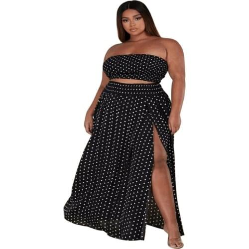 Dot Printing Women Plus Size Bohemian Style Two Pieces Sets 2021 Summer Tank Tops High Split Floor-length Skirts Sexy Sets