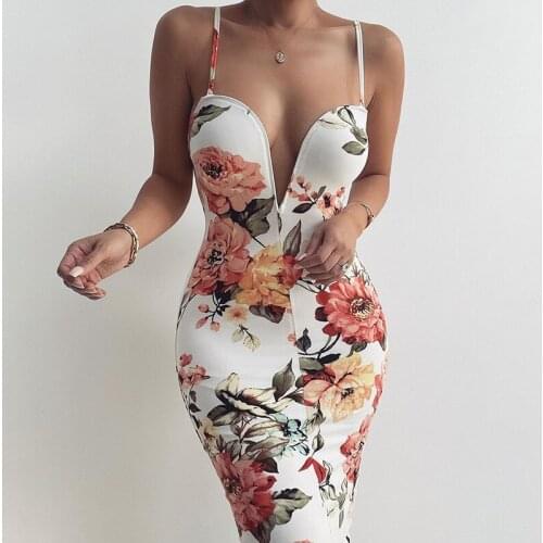Floral print bodycon sexy long dress Women sleeveless v neck slim strap elegant dress Party club white summer dresses female
