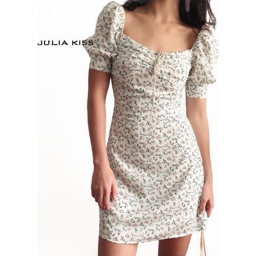 Women Tie Neck Floral Print Floral Mini Dress With Puff Sleeve