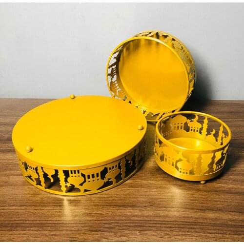 3PCS Islam Eid Mubarak Metal Food Serve Tray Round Food Container Dessert Tray For Home Decor
