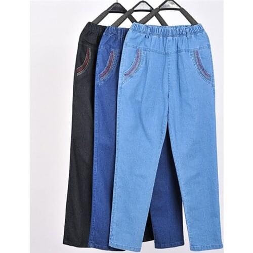 Womens Jeans Stretch High Waist Denim Pants Spring Summer Large Size Loose Washed Straight-Leg Pants Mom Fashion Trousers