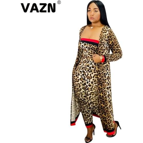 VAZN HMS5269 Hot Vacation Leopard Sexy Fashion Full Sleeve X-Long Cloth Strapless 1 Piece Long Pants Slim Women 3 Piece Set