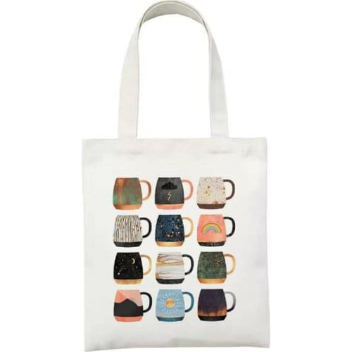 Cup Printing Environmental Protection Leisure Cotton Grocery Tote Shopping Bags Folding Shopping Cart Bag With Sea Wave Print