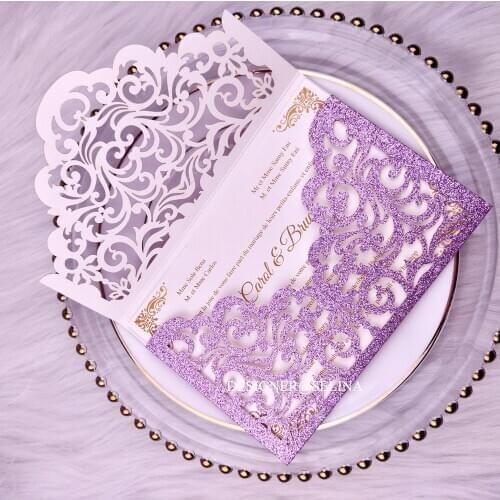 Pocket Style Purple Glitter Laser Cut Wedding Invitation Kit Hollow Invitation Cards for Quince Engagement Business
