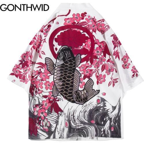 GONTHWID Koi Carp Fish Cherry Blossoms Flowers Print Japanese Kimono Cardigan Jackets Streetwear Hip Hop Harajuku Casual Tops